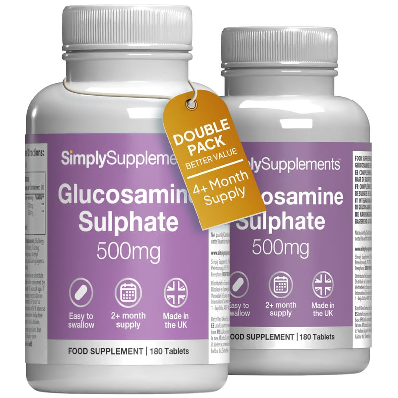 Glucosamine Sulphate 2KCl 500mg Tablets | Marine Sourced Supplement for Active Lifestyles | 360 Easy-to-Swallow Tablets | 4-Month Supply | UK Made to GMP Standards Unflavoured 180 count (Pack of 2)