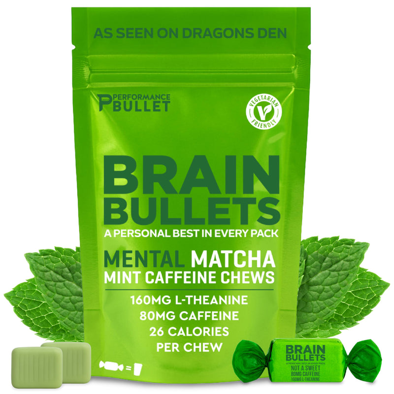 160mg L-Theanine + 80mg Caffeine Chews – Mint Matcha Flavour, Increases Productivity, Mental Clarity, Alertness | 1 Bag - 40 Servings | Brain Bullet | Energy Gum & Focus Gummy Upgrade 1 Bag - 40 Chews
