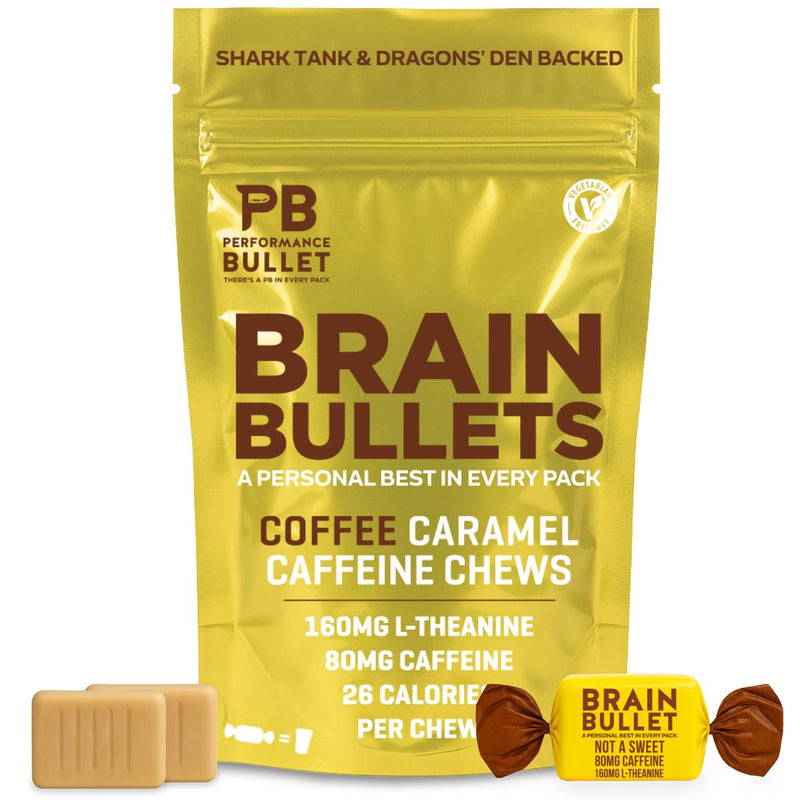 160mg L-Theanine + 80mg Caffeine Chews – Coffee Caramel Flavour, Increases Productivity, Mental Clarity, Alertness | 1 Bag - 40 Servings | Brain Bullet | Energy Gum & Focus Gummy Upgrade 1 Bag - 40 Chews