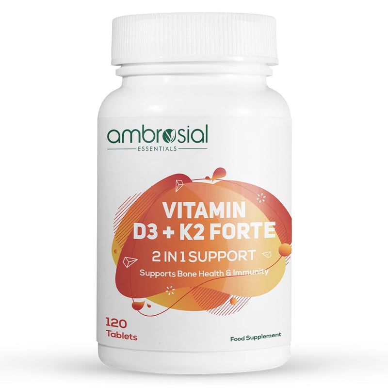 Ambrosial Vitamin D3 K2 Forte | Vitamin D3 (600 IU) with MK-7 Vitamin K2 | High Absorption Daily Supplement | Plant-Based Formula | 120 Tablets