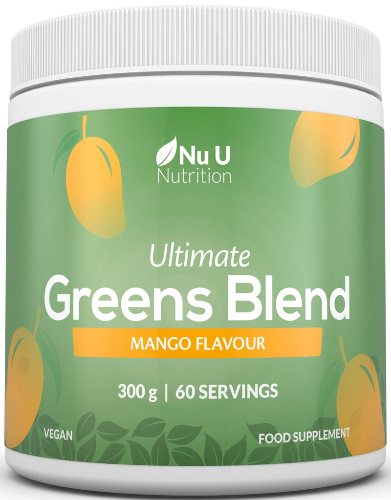 Nu U Nutrition - Super Greens Blend Mango Powder 300g - 17 Active Superfood Ingredients - 60 Servings - Vitamin & Mineral Rich Supplement - 100% Vegan, No Additives