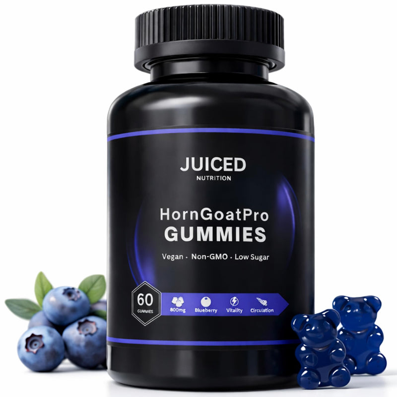HornGoatPro Gummies - 60 Gummies Blueberry Flavour - with Added TongAliExtract, Maca Root, L-Arginine for Maximum Effect - Vegan, Non GMO, Gluten Free and Low Sugar - for Vitality