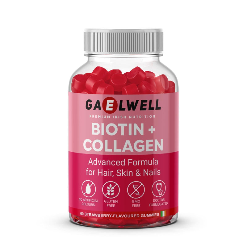 Biotin + Collagen Gummies - High Strength 5000mcg Biotin, Marine Collagen, Vitamin C, Zinc - Hair Growth, Skin & Nail Support - Gluten-Free, Vegan-Friendly, Non-GMO, 60 Strawberry Gummies Gaelwell®