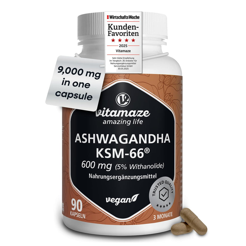 Ashwagandha KSM 66® 9000 mg (15:1), Organic Root Extract with 5% Withanolides, Ashwagandha High Strength, Only 1 Capsule Daily, Vegan, No Additives Ashwagandha KSM-66 9.000mg