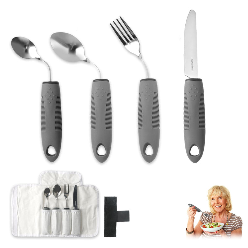 4 Piece Parkinson Cutlery Stainless Steel with Storage Bag, Handle Thickening Cutlery, Senior Cutlery for Disabled Arthritis Parkinsons Elderly or People with Tremors