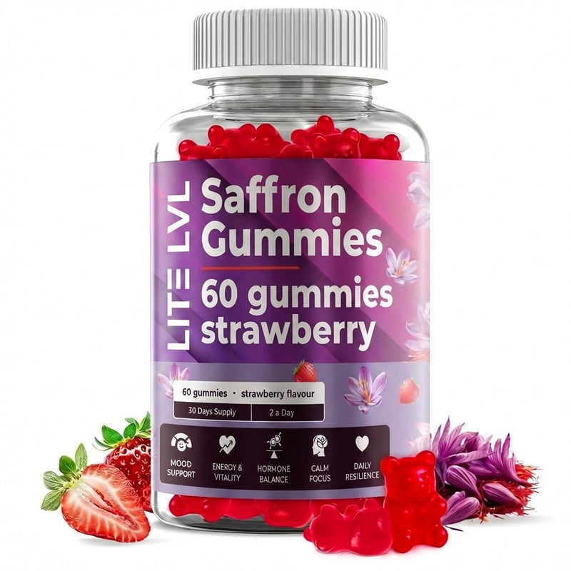 LITE LVL - 60 x Natural Strawberry Flavoured Saffron Extract Gummies - Daily Serving 2 Gummies per Day - Relax Unwind- Rich in Antioxidants - Saffron Supplement