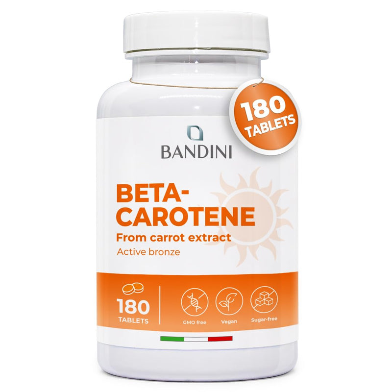 Bandini® Beta Carotene 180 Tablets | Beta-Carotene Supplement Rich in Vitamin A for an Intense tan and Radiant Skin | Carotenoid Tanning Tablets for Men & Women | Enhancing Natural Skin Tone | Vegan