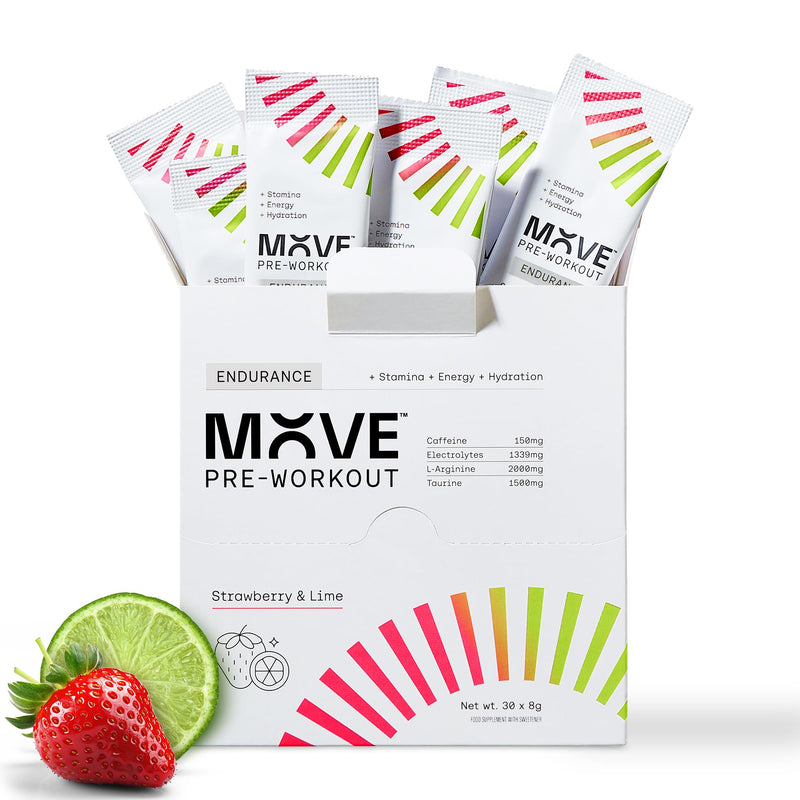 MOVE Pre Workout Powder - Hydration & Endurance Formula for Men & Women - Preworkout Sachets Electrolytes Powder with Caffeine & L-Arginine Informed Sport Certified 30 Servings Strawberry & Lime