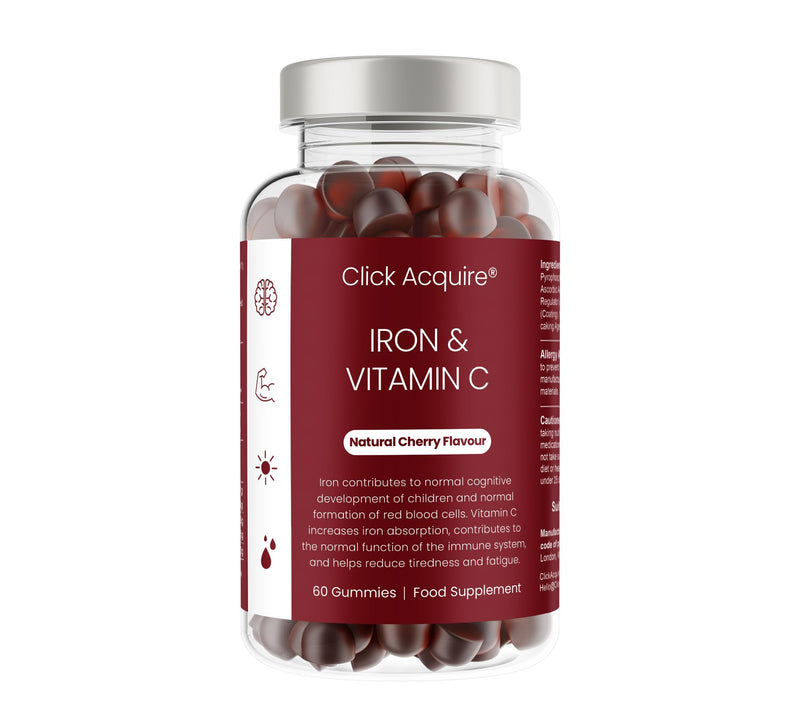 Iron and Vitamin C Gummies for Kids & Adults | 7mg Gentle Iron, 20mg Vitamin C Chewable | Vegan Natural Cherry Flavour | 2 Month Supply