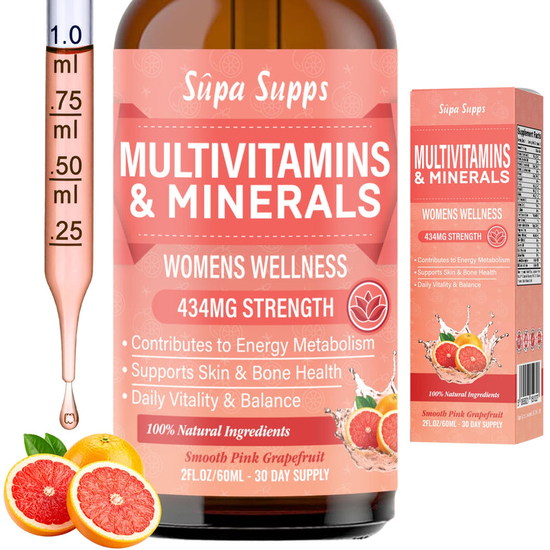 Multivitamins & Minerals for Women 30 Plus - Daily Vitamins A C D E K B Complex, Iron & Zinc - Smooth Pink Grapefruit Flavour - Liquid Multivitamin for Women - Alternative to Tablets & Gummies - 60ml