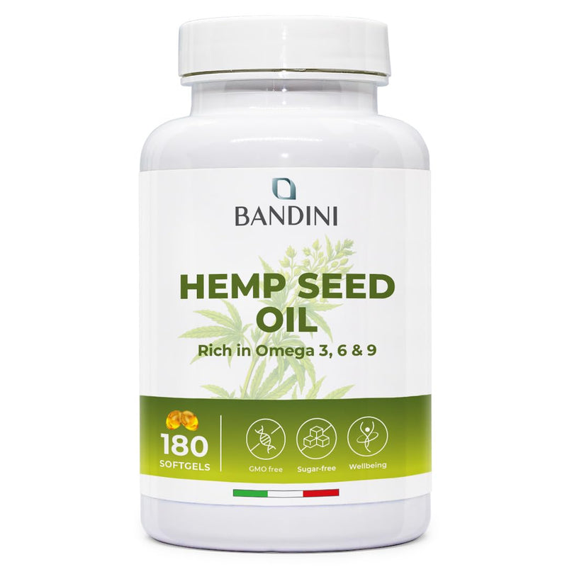 Bandini® Hemp Seed Oil 1000mg per Softgel | 180 Vegan Capsules | High Strength 100% Natural Cold Pressed Hemp Seed Oil | 6-Month Supply, 1 per Day | Rich in Omega 3, 6, 9 | ALA, Linoleic & Oleic Acid