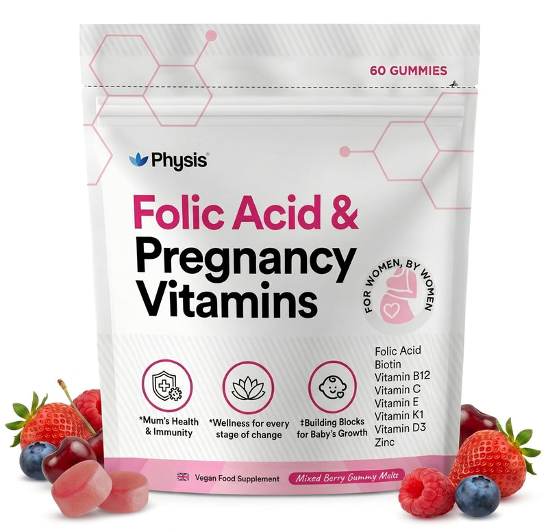 Physis Folic Acid Pregnancy Vitamins | Vegan Prenatal Vitamins for Women | Pregnancy Gummies with Folic Acid and B12 | Folate Vitamin Bs C D E K & Zinc | 60 Berry Soft Chews | Pregnancy Supplements