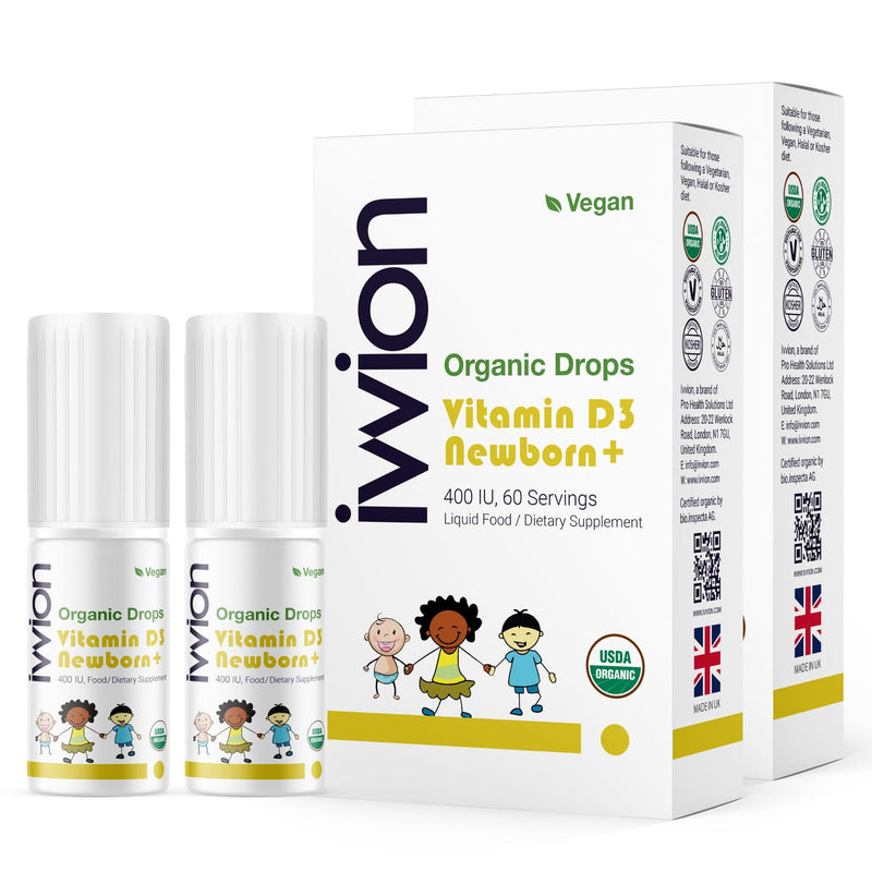 Organic Vegan Vitamin D3 400IU, 60 Drops – Baby Drop for Infants & Toddlers | USDA Organic, Non-GMO, Plant-Based, No Additives or Preservatives, All Natural, Made in UK – Pack of 2 Organic Vegan 400IU - 60 Drops