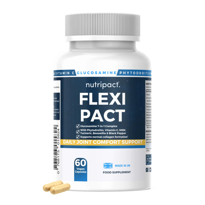 Glucosamine Joint Care Support Supplement 7-in-1 High Strength Complex with Vegan Chondroitin, Turmeric, Vitamin C, MSM, Boswellia Serrata & Black Pepper – 60 Capsules – Flexi Pact by Nutripact
