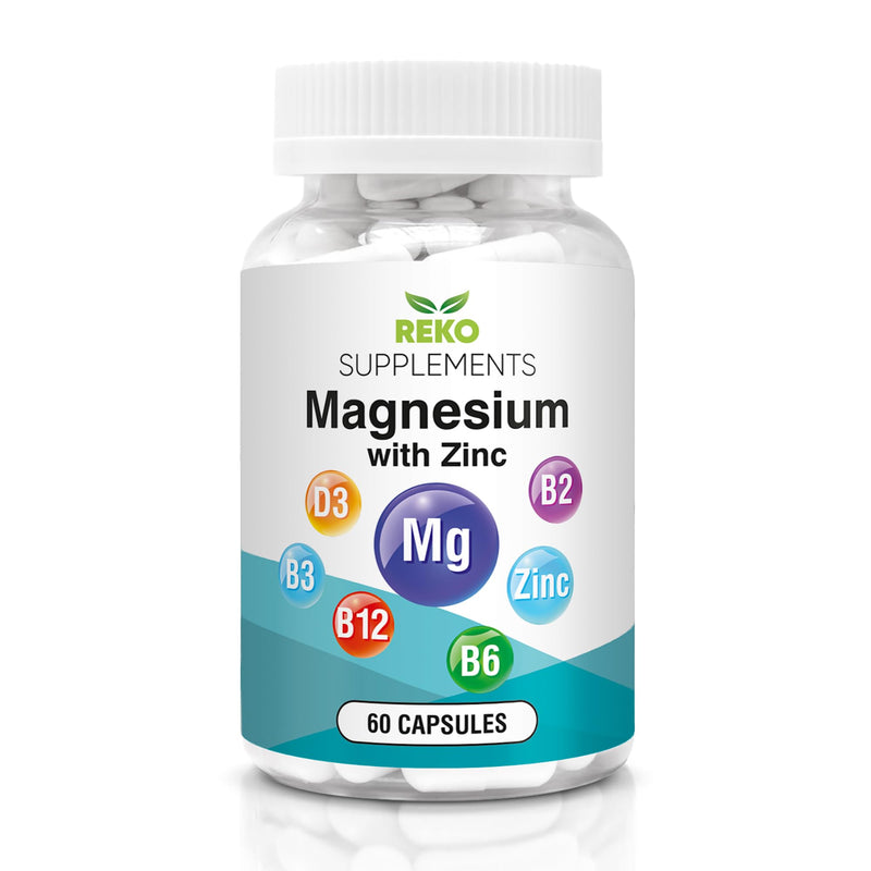 Magnesium with Zinc - Sleep & Muscle Recovery, 60 Capsules | High Strength - Reduces Tiredness & Supports Immunity - Vitamins B12, B6, B3, B2 & D3 Non-GMO