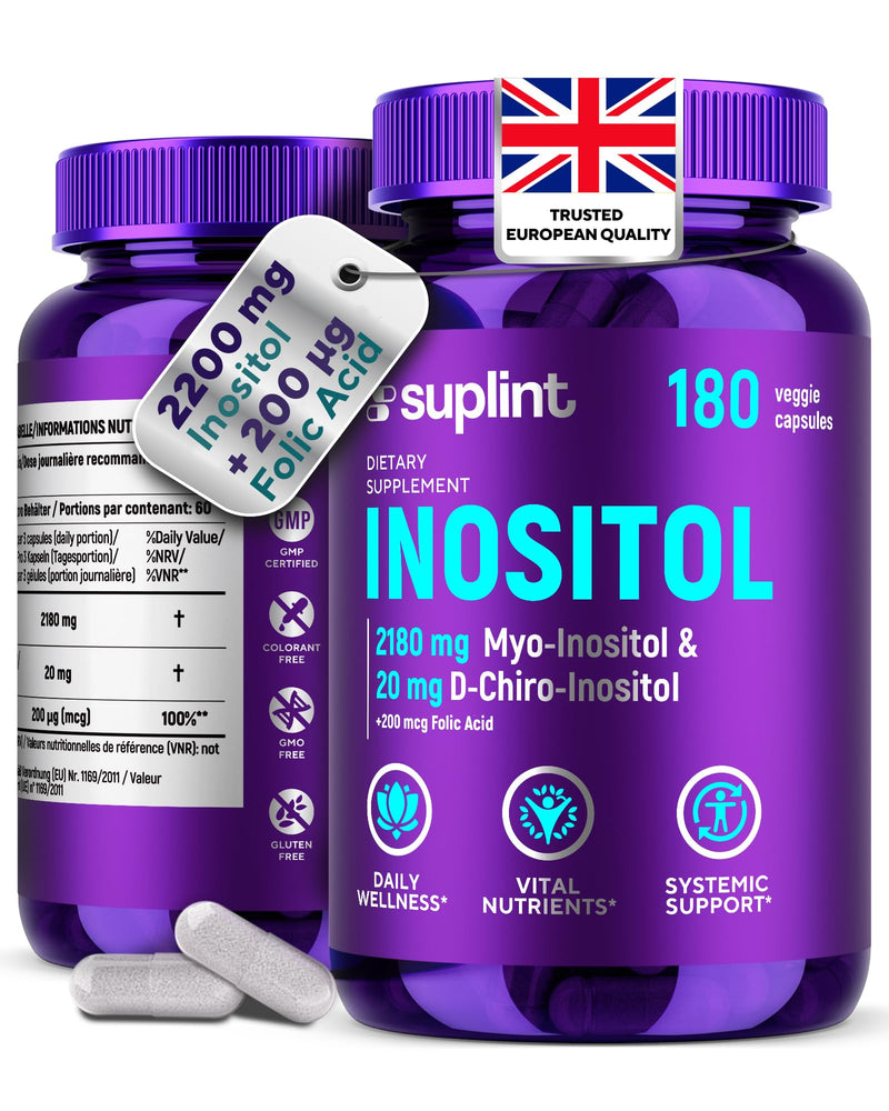 Myo-Inositol & D-Chiro Inositol (Capsules) – PCOS Supplement with Folic Acid – 2200 mg Inositol Complex per Serving – Cycle & Hormonal Support – 180 Vegan Capsules – Lab Tested – GMP Certified