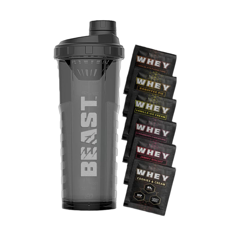 Beast | Protein Shaker Bottle + Whey Protein Powder Samples | 6 Sachets + 1000ml Shaker Gym Gift Set Sample Packs Sample Pack (6 Sachets + 1000ml Shaker)