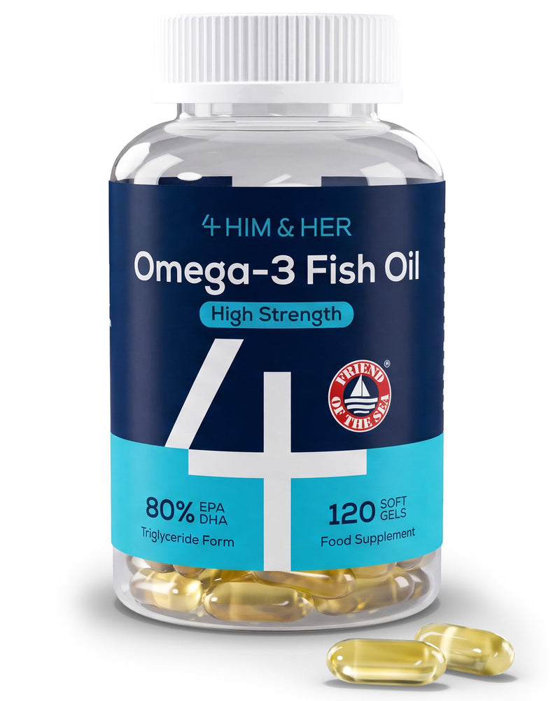 Omega 3 Capsules High Strength Fish Oil 1334mg – Easy to Swallow, No Fishy Taste – for Heart & Brain – 668mg EPA, 500mg DHA – 80% Concentrate Triglyceride Form – 120 Caps, 2 Month Supply – 4 HIM & HER