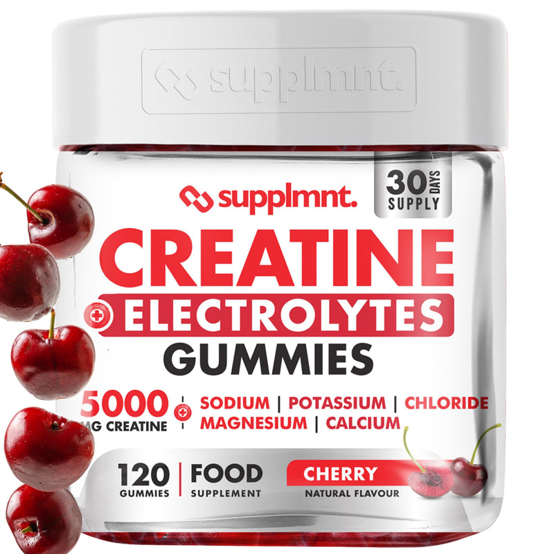 Supplmnt. Creatine Gummies with Electrolytes, 5000mg Creatine Monohydrate, Cherry Flavour, 120 Gummies, Vegan, Gluten-Free, Non-GMO, Food Supplement, 30-Day Supply