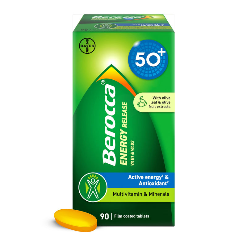 Berocca 50+ Multivitamin & Mineral Tablets with Olive Leaf Extract - 13 Vitamins & 9 Minerals - 90 Film-Coated Tablets