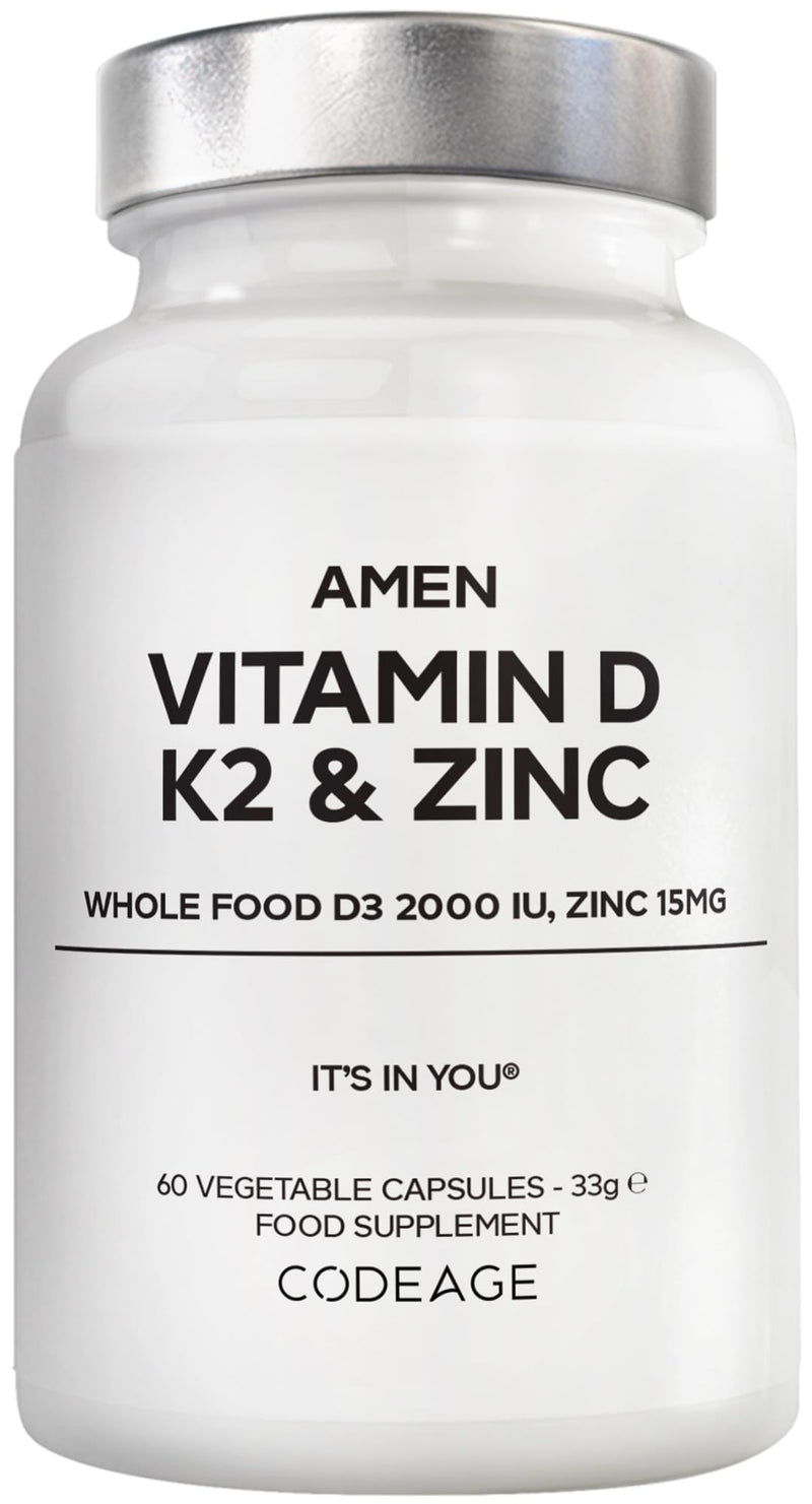 Amen Vitamin D3 2000 IU with K2 MK-7 & Zinc – Vegan Whole Food Supplement with Elderberry, Cranberry, Blueberry & Apple – Non-GMO, Gluten-Free – 60 Capsules