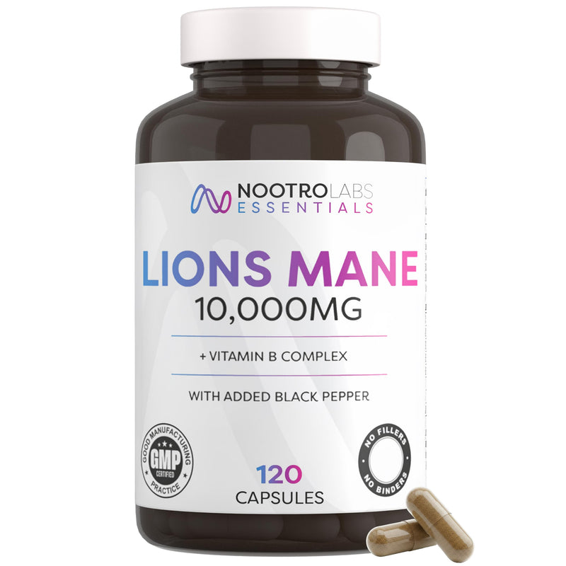 Nootro Essentials Lion's Mane Capsules, High Strength 10,000mg Lions Mane Supplement with Vitamin B Complex to Support Focus and Cognitive Function (60 Servings - 2 Month Supply)