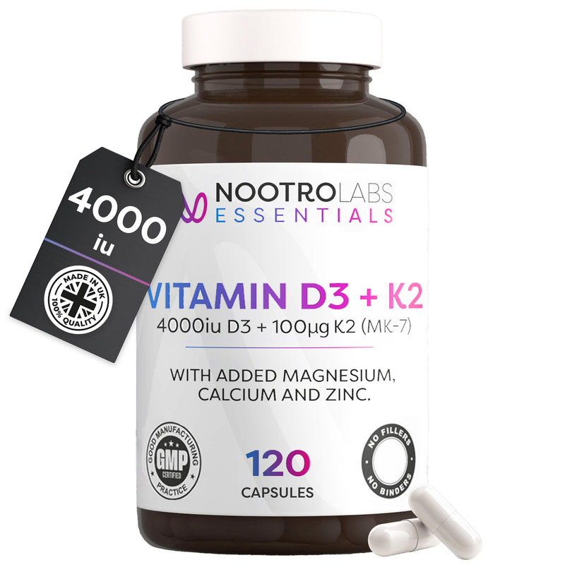 Nootro Labs Essentials Vitamin D3 4000 iu and K2 Capsules, Daily Vitamin D Supplements with Zinc and Magnesium for Joint Care, Bone & Heart Health and Immune Support (60 Servings - 2 Month Supply)