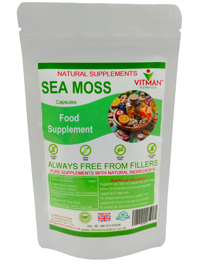 Sea Moss Capsules x60, High Strength, Natural Irish Sea Moss Supplement, Rich in Minerals & Iodine, Gluten Free, Sugar Free, GMO Free, Vegan