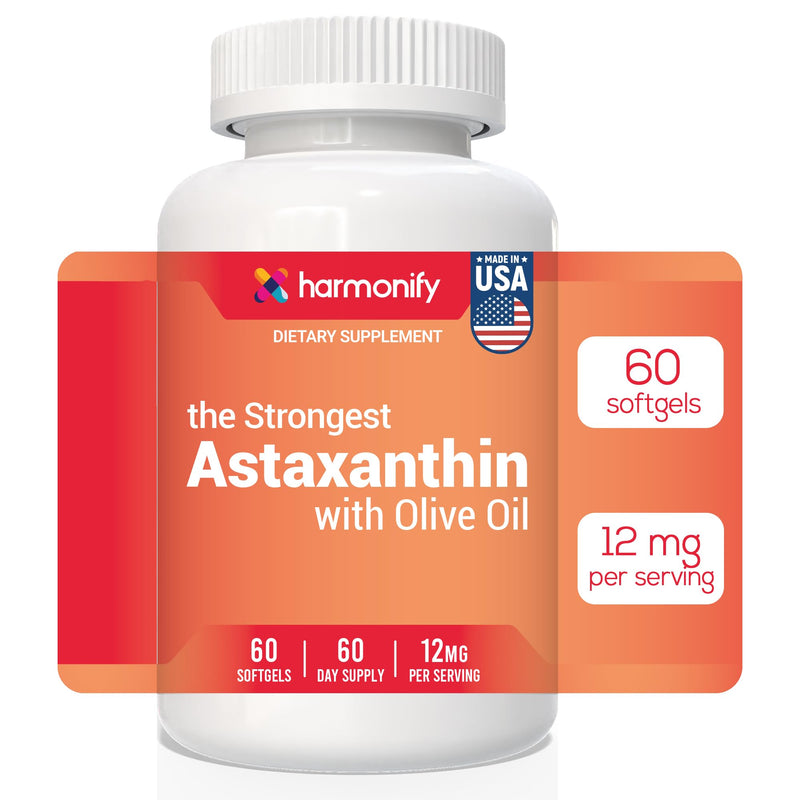 Astaxanthin 12mg, Vegan Supplement with Olive Oil, Microalgae-Based, 60 Softgels