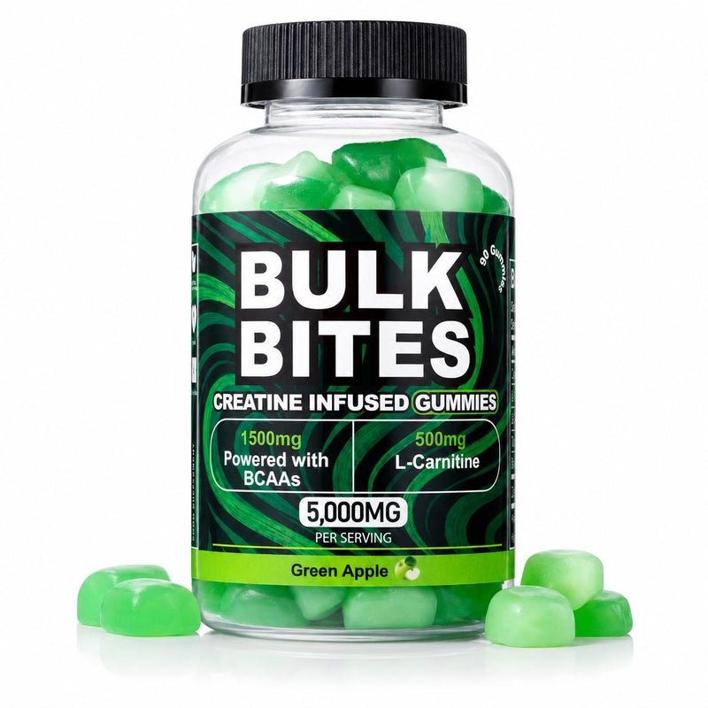 Bulk Bites 7000mg Creatine Gummies – High Strength Creatine Monohydrate Complex with BCAA & L-Carnitine | Sugar-Free Vegan Pre Workout Gummies, Muscle Growth, Energy & Recovery – 90 Gummies Green Apple
