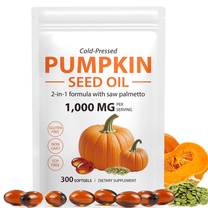 Pumpkin Seed Oil Capsules, 2 in 1 Pumpkins Seed Oil for Hair Growth,100% Natural Cold Pressed,Naturally Rich in Essential Fatty Acids,Skin Supplement,Cold Pressed,Non-GMO,Gluten Free 300 Softgels