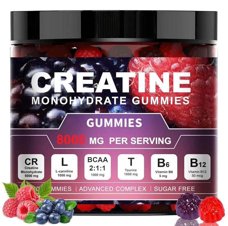 Creatine Monohydrate Gummies, 8000mg Complex, 120 Count, Sugar-Free with BCAA, L-Carnitine, Taurine and Vitamins, for Muscle Strength and Recovery