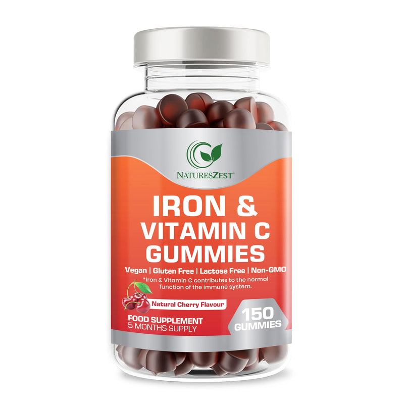 Iron & Vitamin C Gummies for Adults & Kids - 150 Chewable Gummies for Energy & Immune Support | Vegan Iron Supplement |Natural Cherry Flavour, Non-GMO -5 Month Supply - By Natures Zest