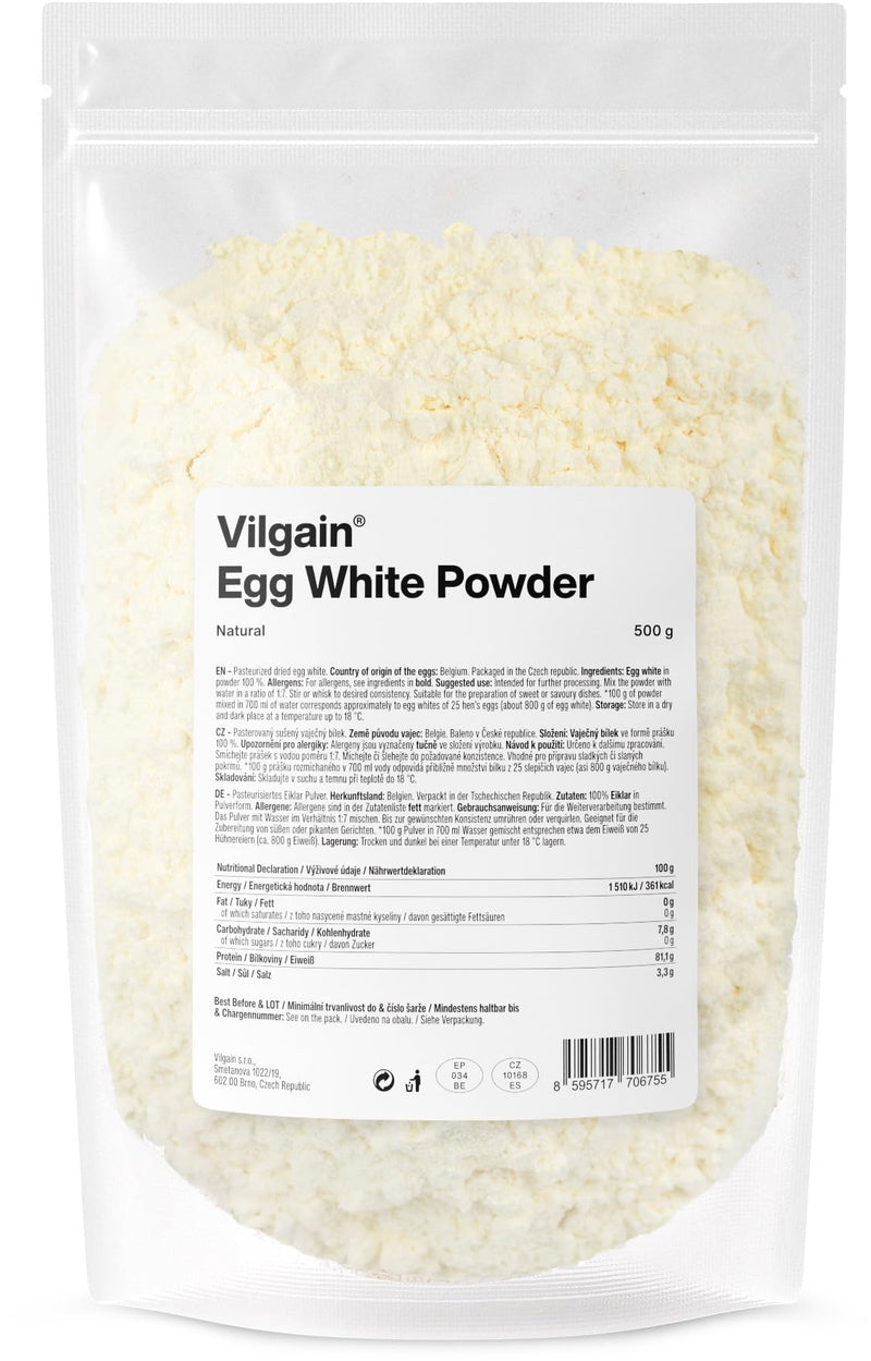 Vilgain Dried Egg Whites Powder - High Protein, Zero Fat Sugar Cholesterol - for Baking, Smoothies, Cooking - 500g, Pasteurised, Unflavoured - Keto & Gluten Free, Paleo Friendly - Egg White Protein