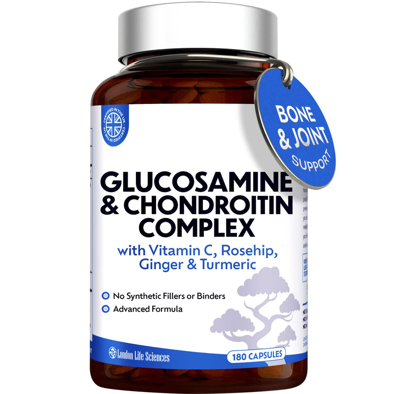Glucosamine and Chondroitin Complex 1500mg, 180 Capsules, Up to 6 Months Supply – High Strength Joint Support with MSM, Vitamin C, Turmeric, Ginger & Rosehip | London Life Sciences