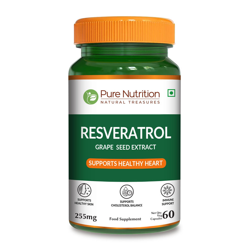 Pure Nutrition Resveratrol 250mg with Grape Seed Extract 5000mcg | 60 Caps | Powerful Antioxidant for a Healthy Heart Function | Non-GMO