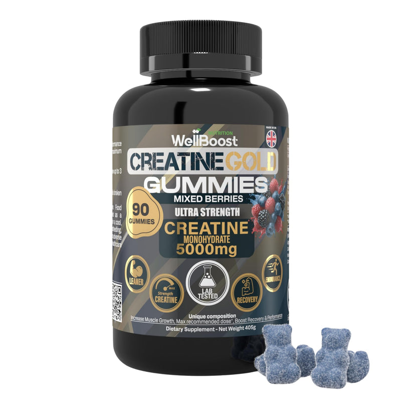 WellBoost Creatine Gold – 5000mg Creatine Monohydrate Gummies, Vegan, Sugar-Free for Lean Muscle Growth, Endurance, Recovery & Energy (90 Gummies, 1 Month Supply) with Mixed Berry Flavour G-Creatine Gold -BlueBerry 90 count (Pack of 1)