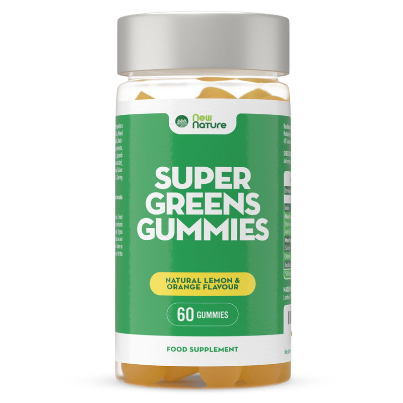New Nature Super Greens Gummies - Greens Supplement with Fruit & Veggie Powders, Chlorella & Bacillus Coagulans - 60 Lemon & Orange Flavour Gummies - UK Made, Gelatin-Free