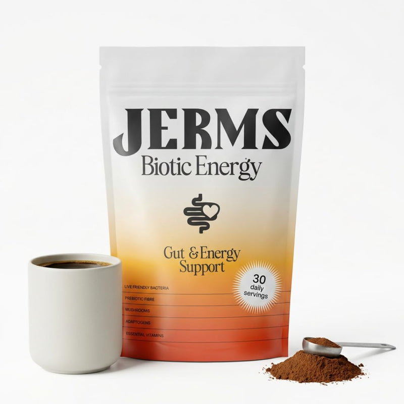 JERMS Biotic Energy | Caffeine-Free Cacao Blend with Lion's Mane, Cordyceps & Adaptogens | Calm Focus, Steady Energy & Gut Support, Coffee Alternative | 30 Servings
