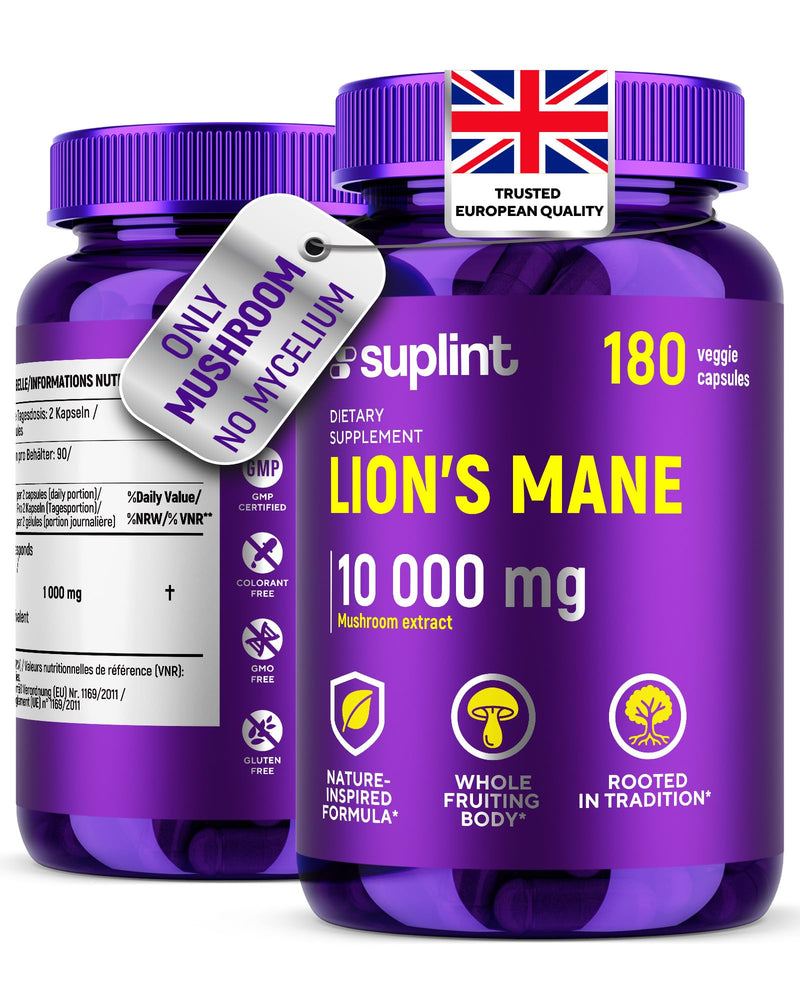 Lions Mane Mushroom Capsules 10 000mg – Highly Concentrated Extract Hericium Erinaceus 10:1 – Lab-Tested with Certificate Lions Mane Supplement – 180 Vegan Capsules 180 count (Pack of 1)