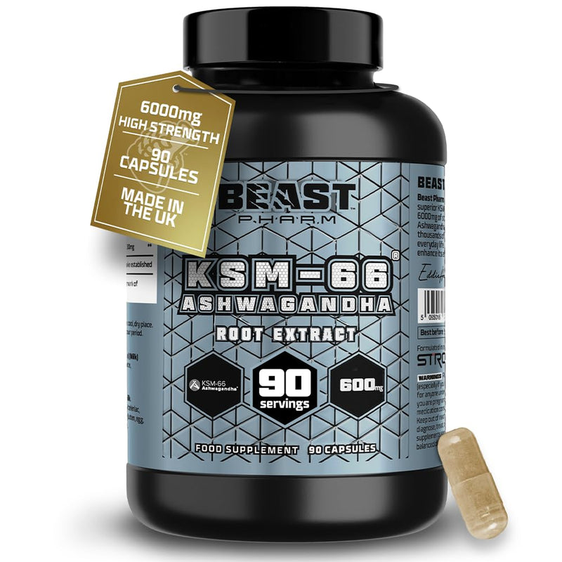 Beast Pharm Ashwagandha KSM 66 6000mg (3 Months Supply) Ashwagandha High Strength 90 Capsules - Calm & Stress Relief Support 90 count (Pack of 1)