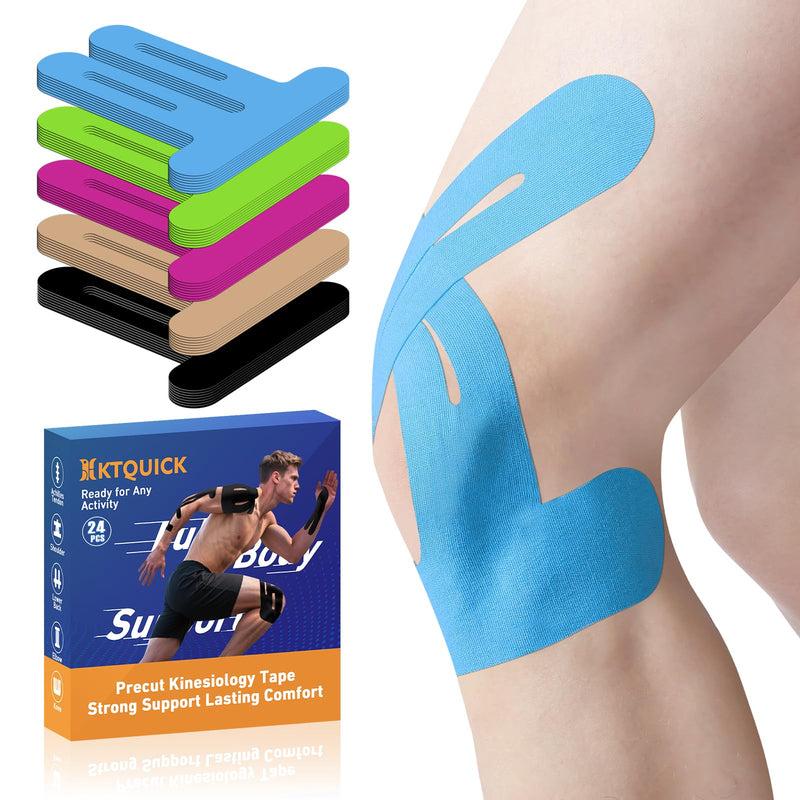 PreCut Kinesiology Tape for Knees, 24PCS Waterproof KTQUICK Knee Tape for Knee Pain Relief Pre Cut, Original Cotton Athletic Knee Tape, Waterproof & Hypoallergenic Latex-Free for Sports(Blue) Blue