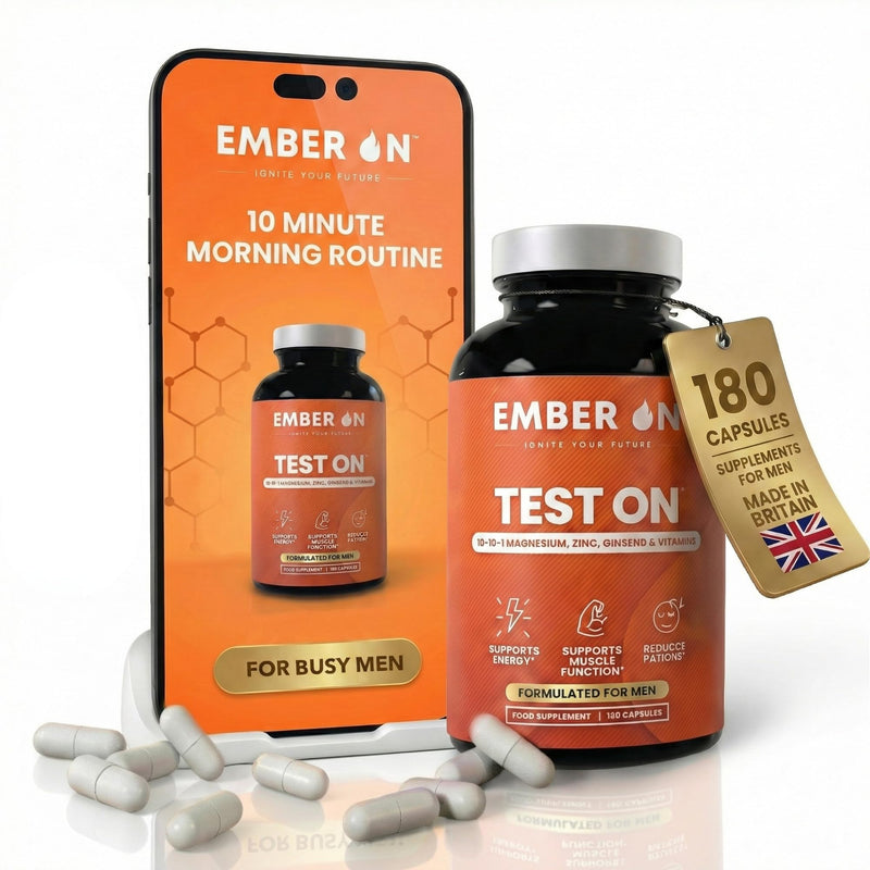 EMBER ON Test On Supplement for Men | High Strength Booster Supplements | 10-in-1 Magnesium Zinc Ashwagandha Boron Fenugreek VitD3 VitB6 VitK2 & Panax Ginseng | 180 Vegan Capsules | UK Made