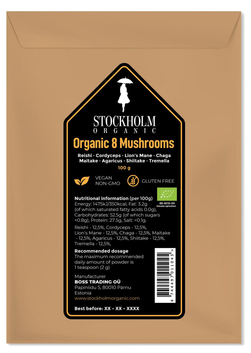 Organic 8 Mushroom Powder - Reishi, Cordyceps Militaris, Lion's Mane, Chaga, Maitake, Shiitake, Tremella, Agaricus, 100g, Stockholm Organic