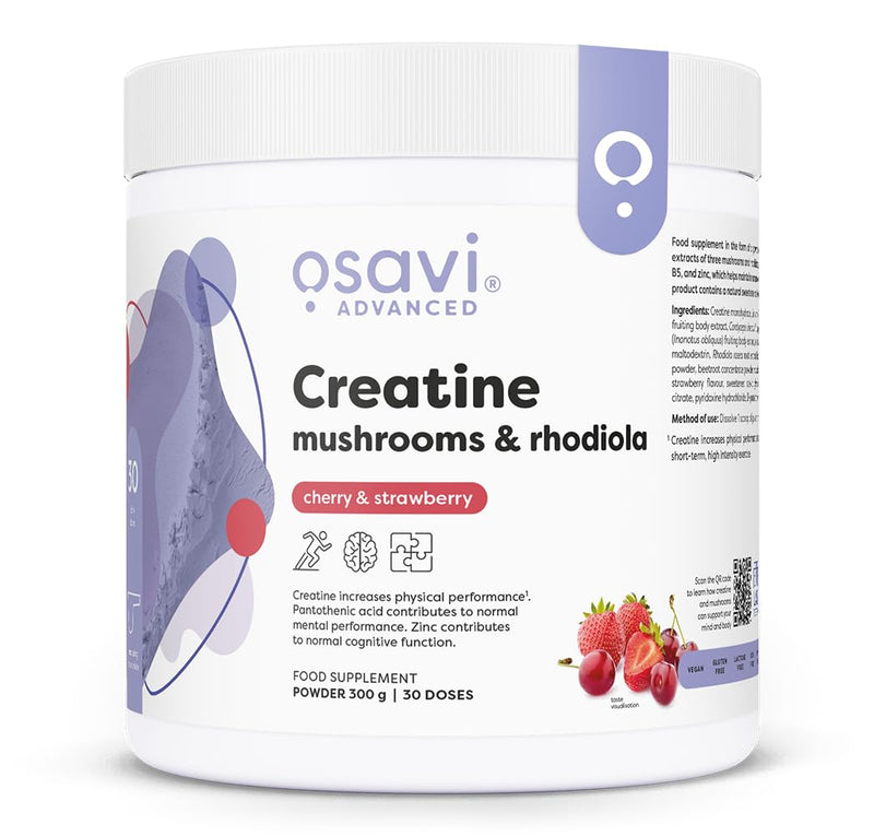 Osavi Creatine + Mushrooms & Rhodiola – 300 g Powder | Cherry & Strawberry | with Lion’s Mane, Cordyceps & Chaga | Increases Performance in Short Bursts of high Intensity Exercise | B6, B5, Zinc