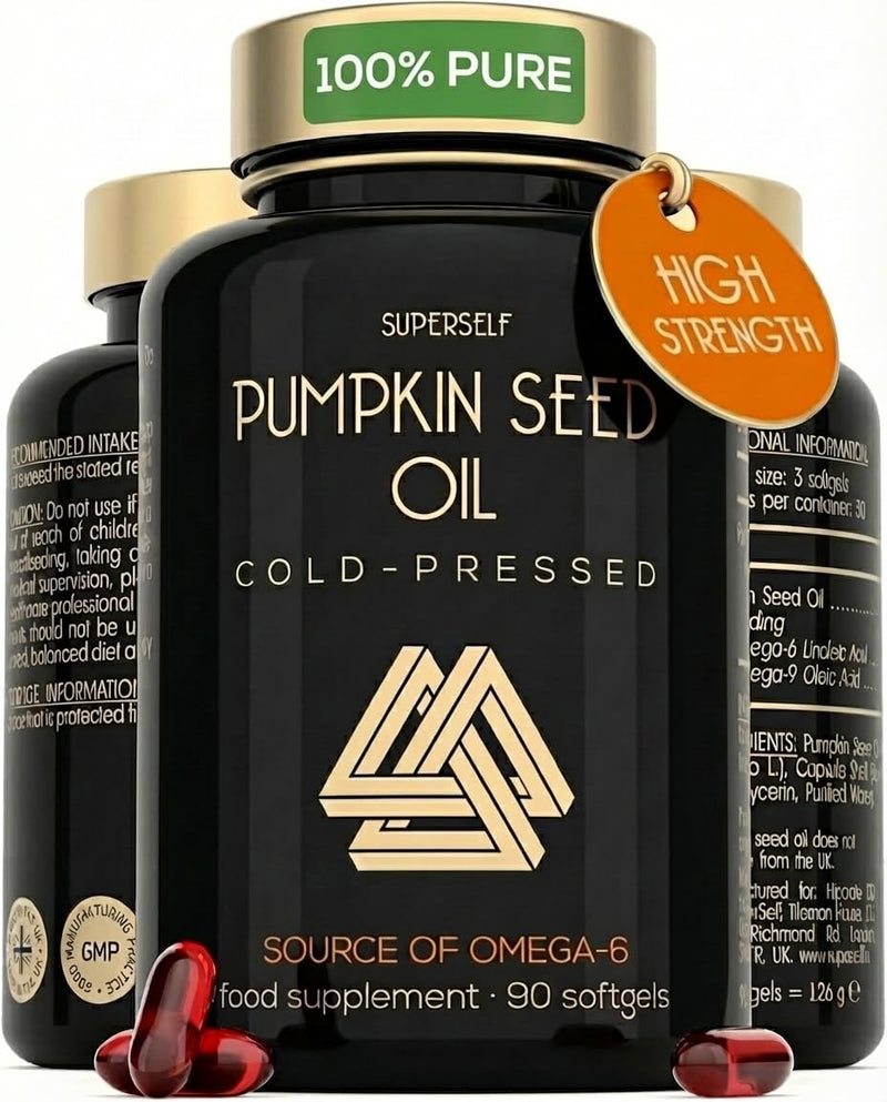 Pumpkin Seed Oil Capsules 3000mg – Cold Pressed Pumpkin Seed Oil for Hair Growth & Bladder Support – 100% Pure, No Additives – High in Omega 6 & 9 - UK Made Supplement - 90 Softgels Easy to Swallow 90 count (Pack of 1)