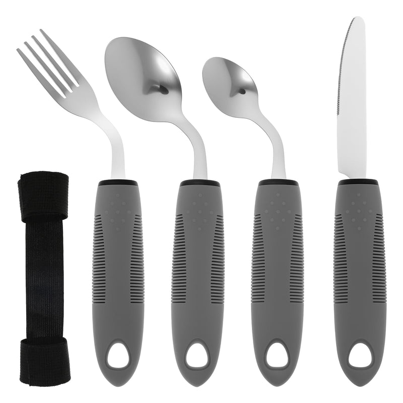 4-Piece Adaptive Utensils Set 42° Angled Disabled Cutlery for Adults, Parkinsons Eating Aid Stainless Steel Knife Fork Spoon with Easy Grip Handle for Hand Tremors Arthritis Elderly(Right-Hand) Right-hand