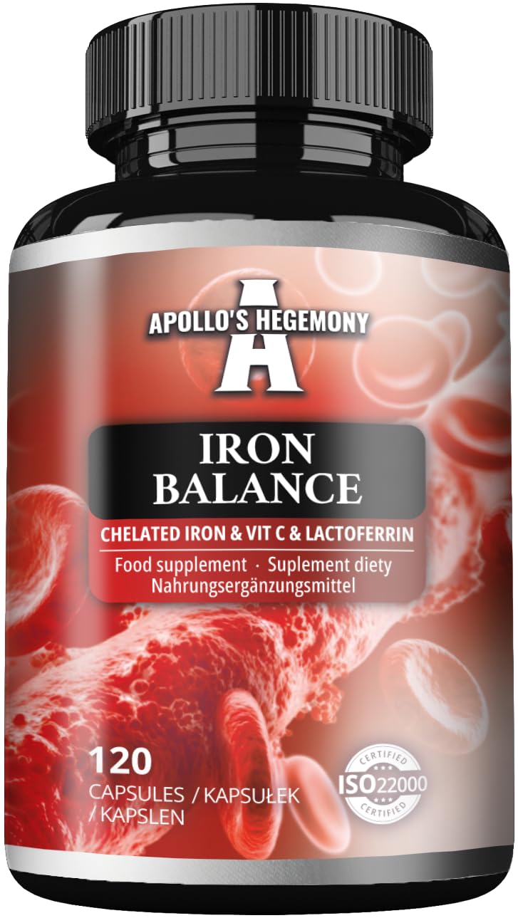 Iron Balance 120 Vegan Capsules - Iron Chelate with Vitamin C and Lactoferrin - 120 Daily Servings - for Enhanced Absorption - Dietary Supplement by Apollo's Hegemony Capsule 120 count (Pack of 1)