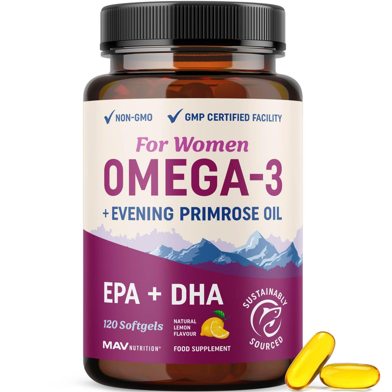Omega 3 Supplement for Women | Fish Oil with Evening Primrose | Hormone Balance, Skin & Wellness Support | 600MG Omega3 + 800MG Evening Primrose | Fish Oil Omega 3 Supplements for Women | 120 Ct.