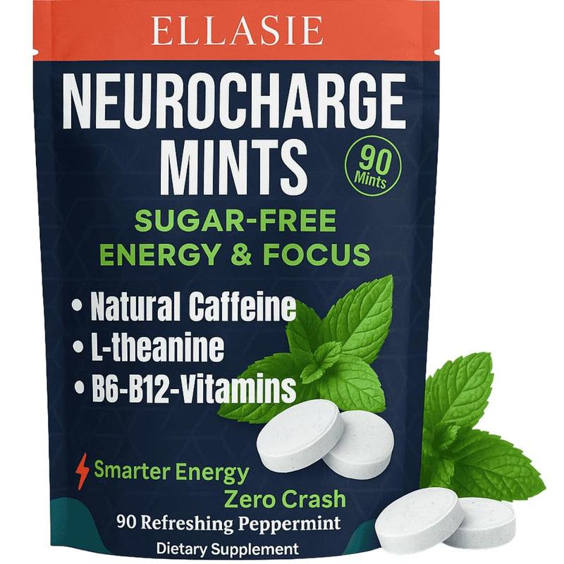 NeuroCharge Bullet Mint Chews (Gum Alternative) Peppermint 90 Sugar Free | 80mg Natural Caffeine + 120mg L-Theanine per Serving | Vitamin B12 & B6 | Work Study Gym Gaming | Ellasie